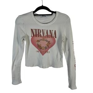 Daydreamer Nirvana In Utero Thermal Long Sleeve Crop Top Cream Grunge 90's Band